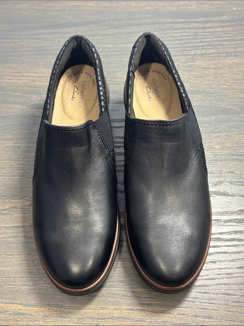 Clarks Collection Mazy Squam Black Slip‎ On Wedge Shoes - size 7.5
